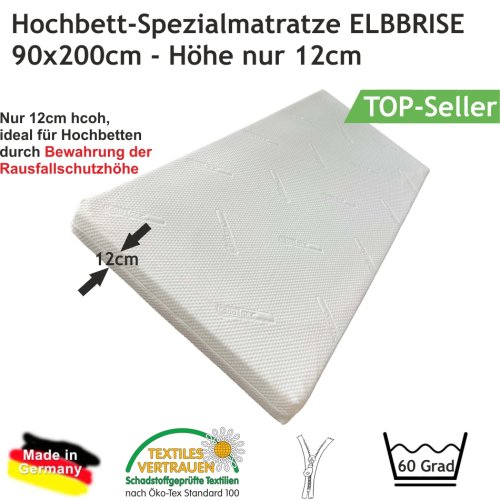 Hochbett- Kindermatratze ELBBRISE, 90x200x12cm, ÖKOTEX-100, Coolmax®