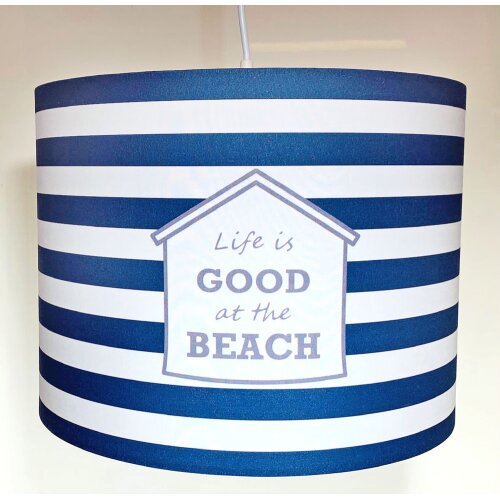 Maritimer Lampenschirm BEACH, blau-weiß gestreift, Höhe 27cm